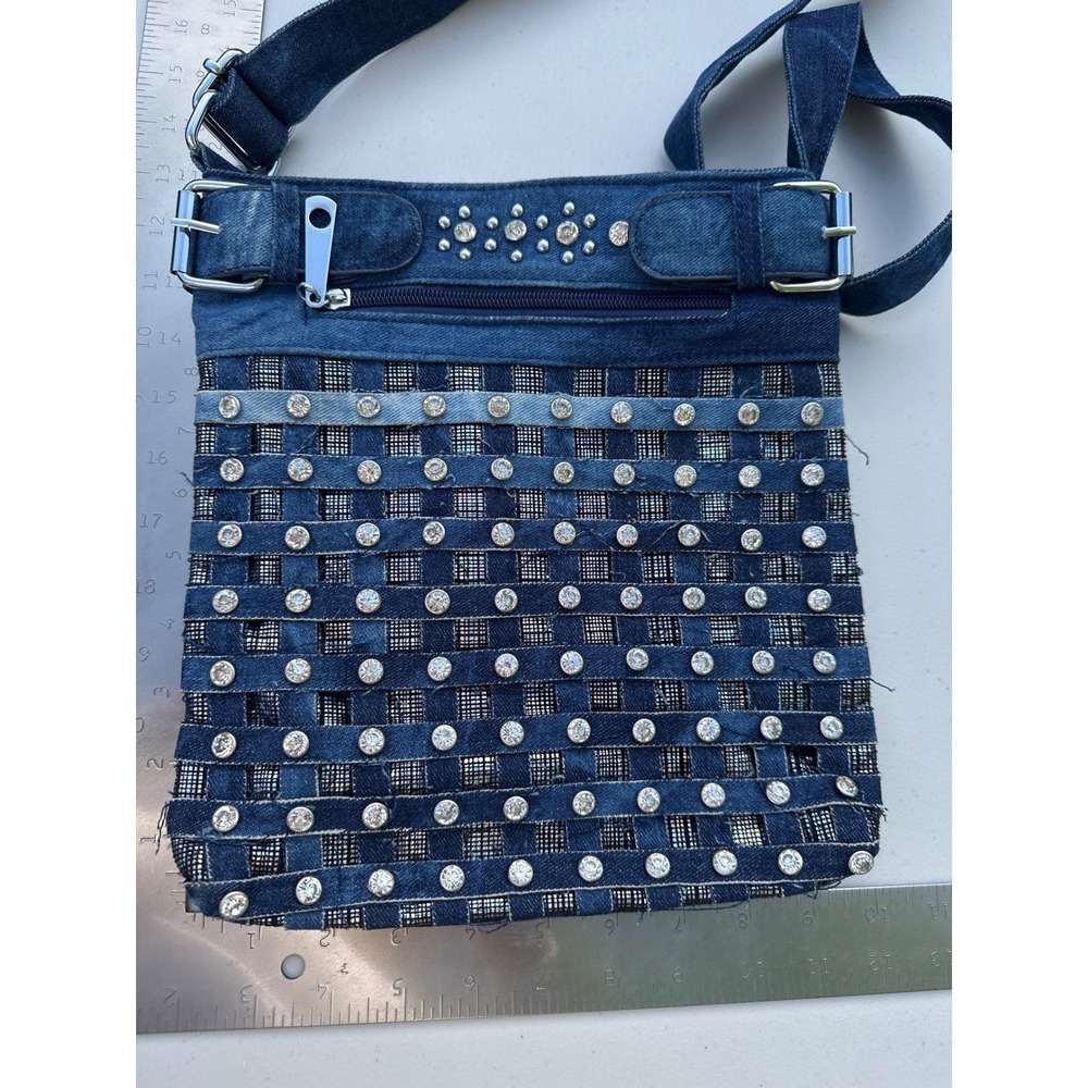Blue Denim Rhinestone Woven Crossbody Bag Y2K Embellished Purse Adjustable Strap